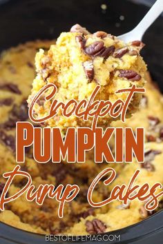 crockpot pumpkin dump cake in a slow cooker with the title overlay