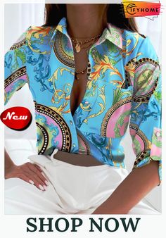 Casual Abstract Long Sleeve Shirt Collar Printed Top Blouse Collar Blouse, Shirt Collar, Print Tops, Shirt Sleeves, Long Sleeve Shirt, Sleeve Shirt, Blouses For Women, Long Sleeve Shirts, Color Blue