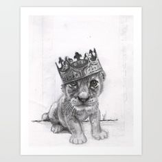 a pencil drawing of a lion cub wearing a crown