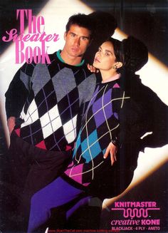 a man and woman standing next to each other in front of a poster for the sweater book