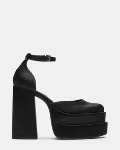 CHARLIZE Black Satin Stacked Platform Block Heel | Women's Heels – Steve Madden Satin Platform Heels, Goth Heels, Fall Winter Capsule Wardrobe, Black Satin Heels, Steve Madden Store, Steve Madden Heels, Halloween Costume Outfits, Platform Block Heels, Fall Capsule Wardrobe