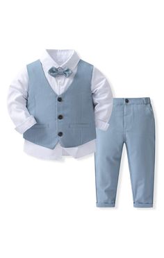 PRICES MAY VARY. Shirt with bowtie+pants+vest 4pcs gentleman outfit set by Abolai Your handsome little man will look occasion-ready at once, in this 4-piece vest and pants set by Abolai, featuring a button-down white shirt and coordinating bowtie. Baby boy formal outfits with high quality cotton fabric. Soft and comfy, no itching! Very comfortable and friendly for your baby ' s skin. Hand wash, hang Dry. Please note: the color of the front and back of the vest is different. Little Boys' 4 Piece Toddler Boy Dress Clothes, Boy Wedding Outfit, Cute Toddler Boy, Terno Slim Fit, Toddler Boy Clothing, Bow Tie Suit, Boys Birthday Outfits