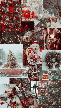 christmas collage with red and white ornaments, presents, gifts, trees, and cars