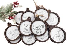 six personalized christmas ornaments hanging from a tree branch with the names and date on them