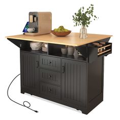 a kitchen island with an appliance on top