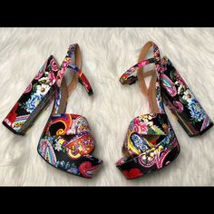 Nwot Chinese Laundry Paisley Floral Multi Color Platform Heels,Size-37.5(Us-7),Heels Approx-6 1/8”/Platform Approx-1.5” On Front Side,Cute And 70’s Like Look,Very Stable Bec Of Platform And Stacked Heel,Smoke Free Home,Please Ask Any ?’S U May Have Before Purchasing. Multicolor Floral Print Heels With Round Toe, Multicolor Closed Toe Heels With Floral Print, Multicolor Floral Print High Heels, Formal Block Heels With Floral Print, Trendy Floral Print Heels With Round Toe, Trendy Floral Print High Heels, Chic Fabric Heels With Floral Print, Multicolor Floral Print Heels For Formal Occasions, Chic Floral Print Fabric Heels