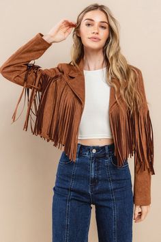 Elevate your style with our Fringed Suede Jacket! Made from high-quality suede, this jacket features beautiful fringe detailing that adds a touch of bohemian flair to any outfit. Stay warm and fashionable in this must-have piece. Perfect for any occasion, this jacket is a versatile addition to your wardrobe. This jacket is a true to size fit, this top does not have much stretch, so this is true to size. Model Info: Height: 5'6 Weight: 130lbs Bust: 34D Shoe Size: 8 Bottom: 7 (M) Top: M Product De Suede Fringe Jacket Outfit, Fringe Jacket Outfit, Suede Fringe Jacket, Fringe Jacket, Suede Fringe, Suede Jacket, Elevate Your Style, Jacket Outfits, Stay Warm