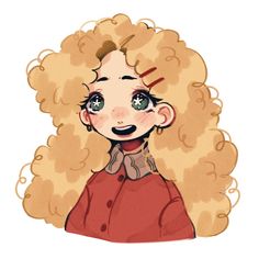 a drawing of a woman with blonde hair and green eyes, wearing a red shirt