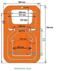 an orange luggage bag with measurements for the size and width, on a white background