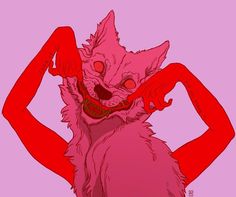 a drawing of a cat with red eyes and fangs on it's face, standing in front of a pink background