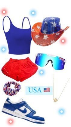 various items are arranged in the shape of an american flag hat, sunglasses, and tennis shoe