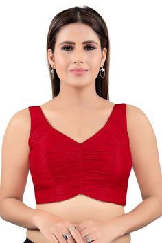 Indian Readymade Saree Blouses Elegant Sleeveless Red Blouse Piece, Elegant Red Sleeveless Blouse Piece, Elegant Red V-neck Tank Top, Red Fitted Sleeveless Blouse, Red Padded Blouse Piece For Summer, Red Sleeveless Fitted Blouse, Fitted Sleeveless Red Blouse, Fitted Red V-neck Blouse Piece, Red Fitted V-neck Blouse Piece