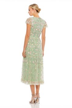 Green mesh dress featuring floral embroidery all over with sheer ruffle cap sleeves. - Aza Fashions Green Mesh Dress, Embroidered Midi Dress, V Neck Midi Dress, Mac Duggal, Neck Ruffle, Ruffle Sleeves, Mesh Dress, Women Dresses, Aza Fashion