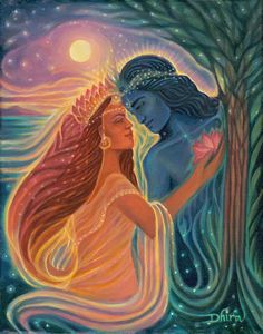 a painting of two women embracing each other in front of the moon and tree branches