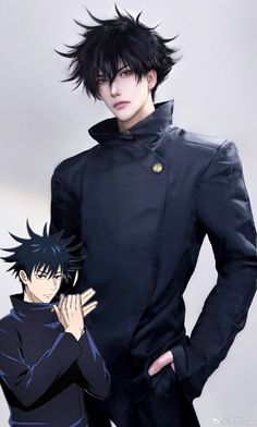 an anime character with black hair standing next to another person