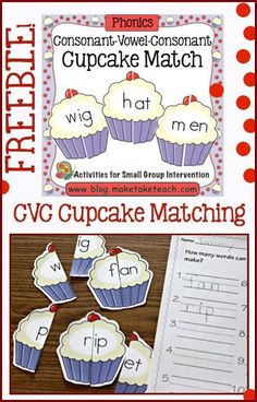 a cupcake match with the words cvc cupcake matching in red and white