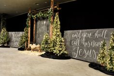 christmas trees are lined up in front of a chalkboard