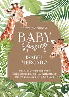 a baby shower card with two giraffes in the background and palm leaves