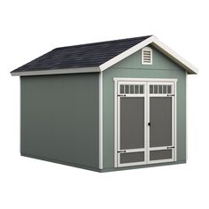 a small green shed with a black roof