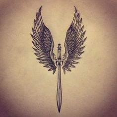 Valkyrie Raven Tattoo, Raven With Wings Out, Dagger With Wings Tattoo, Valkyrie Wings Tattoo, Raven Wings Tattoo, Banner Tattoos, Valkyrie Wings, Wings Tattoo Meaning, Valkyrie Tattoo