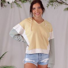 Brand New From My Small Business Super Cute Pullover With Intricate Detailing Yellow Color Block Tops For Fall, Casual Yellow Color Block Top, Trendy Yellow Color Block Tops, Yellow Cotton Color Block Tops, Yellow Color Block Long Sleeve Top, My Small Business, Gray Yellow, Magnolia, Super Cute