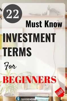 the words 22 must know investment terms for beginners on top of bookshelves