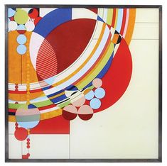 an abstract painting with circles and lines on the bottom half of it, against a white background