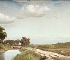 an oil painting of a river with people walking on the side and trees in the background