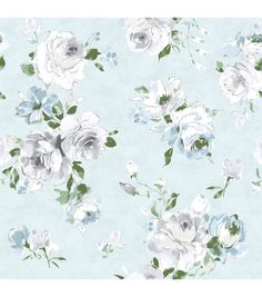 a blue floral wallpaper with white and grey flowers