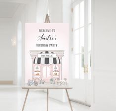 a welcome sign for an american's birthday party on a easel in front of a doorway