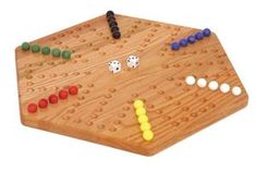 a wooden board game with dices and numbers on it