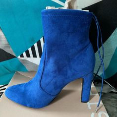 Brand New Blue Booties Blue Ankle-high Boots For Spring, Blue Pointed Toe Heels For Winter, Blue Suede Block Heel Shoes, Blue Suede Heels With Block Heel, Casual Blue Pointed Toe Boots, Blue Suede Boots With Round Toe, Trendy Blue Ankle Boot Heels, Casual Blue Suede Boots, Casual Blue High Heel Boots