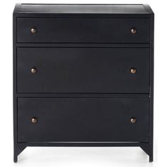 a black dresser with three drawers and brass knobs on the bottom, against a white background