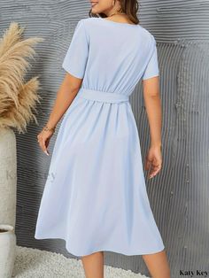 Katykey - V-neck Belted Dress with Flutter Sleeves - Chic Spring & Summer Womens Apparel Solid Color Belted V-neck Midi Dress, Belted Midi Dress With V-neck, Flowy V-neck Midi Dress For Work, Belted V-neck Midi Dress, Spring Dress With Solid Color And Split Neck, Non-stretch V-neck Dresses For Daywear, Non-stretch V-neck Daywear Dresses, Flowy V-neck Dress In Solid Color, Spring Dress With Notched Neckline In Solid Color