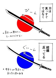 two different types of swords with japanese characters on them, one is red and the other is blue