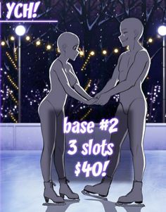 two cartoon figures shaking hands on an ice rink with lights in the background and text below that reads base 2 3 slots $ 40