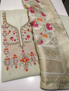 Item Overview ATHARVA Hand Embroidery Salwar Kameez w/Embroidery Neck Light Pista Chanderi/Banarsi Meenakari Silk Dupatta/Gota Patti Custom Stitch/Plazzos/Tunic/Patiala Salwar/Gift Dno. CH1570 Fabric:  * Shirt- Chanderi Silk - Embroidered Neck ( Beige) - 2.5 Mts Beautiful Hand Embroidery * Dupatta: Banarsi Silk Dupatta- Zari Meenakari Dupatta- 2.5 Mts- Latkans Tassels- (Motifs may wary) Maroon (Wine Shade * Bottom Santoon Silk 2.5 Mts. Excusive Hand Embroidered Party Wear Punjabi Suit. 🌷CUSTOMI Cotton Kurties, Patiala Salwar Kameez, Partywear Suits, Kurti Embroidery, Ladies Suit, Punjabi Dress, Patiala Salwar, Embroidered Pants, Border Embroidery