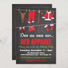 a christmas party flyer with stockings and stockings hanging from clothes on a line in front of a chalkboard background