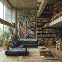 a living room filled with furniture and bookshelves next to a large painting on the wall