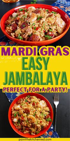 Bowl of jambalaya with sausage, shrimp, and chicken with rice and text "mardi gras easy jambalaya perfect for a party". Mardi Gras Recipe, New Orleans Theme Party Food, Fat Tuesday Recipes, Mardi Gras Party Food For A Crowd, Easy Fat Tuesday Recipes, Mardi Gras Recipes, Mardi Gras Food Ideas, Mardi Gras Jambalaya Recipe, Mardi Gras Food Ideas Cajun Recipes