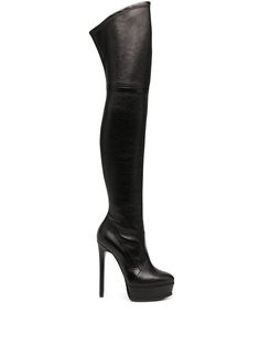 black leather almond toe platform sole high heel thigh-high Black Leather Boots Knee High, Casadei Boots, Bota Over, Leather Over The Knee Boots, Leather Thigh High Boots, Thigh Boot, Aesthetic Shoes, Sin City, Black Accessories