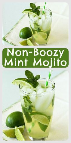 two glasses filled with mojito and limes on top of a white table