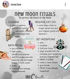 New Moon Recipes, New Moon Cleansing Ritual, Super New Moon Ritual, New Moon Shower Ritual, Lunar Witchcraft, Crystals For New Moon, New Moon Magic, New Moon Ritual For Beginners, Pagan New Moon Ritual