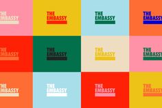 an image of the phrase'the embassy'in different colors and sizes