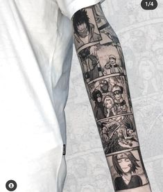 a man with a tattoo on his arm that has many different pictures and words on it