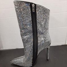 New With Box. Beautiful Rhinestone Boots. Glamorous High Heel Boots With Silver Studs, Glamorous Party Boots With Silver Studs, Glamorous Silver Pointed Toe Boots, Evening Boots With Rhinestones And Round Toe, Silver Pointed Toe Boots With Rhinestones, Silver Pointed Toe Boots With Rhinestone Rivets, Silver Boots With Rhinestone Rivets And Round Toe, Silver Round Toe Boots With Rhinestone Rivets, Silver Embellished Boots For Night Out