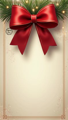 a christmas card with a red bow and pine branches on it's corner, decorated with lights