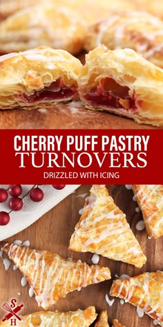 cherry puff pastry turnovers are arranged on a cutting board