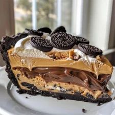 an oreo cookie ice cream pie on a white plate with a window in the background