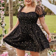 Like New - Never Worn Celestial Dress, Gold Galaxy, Shein Dress, Galaxy Print, Puff Sleeve Dress, Puffed Sleeves Dress, Fit & Flare, Plus Size Dresses, Sleeve Dress